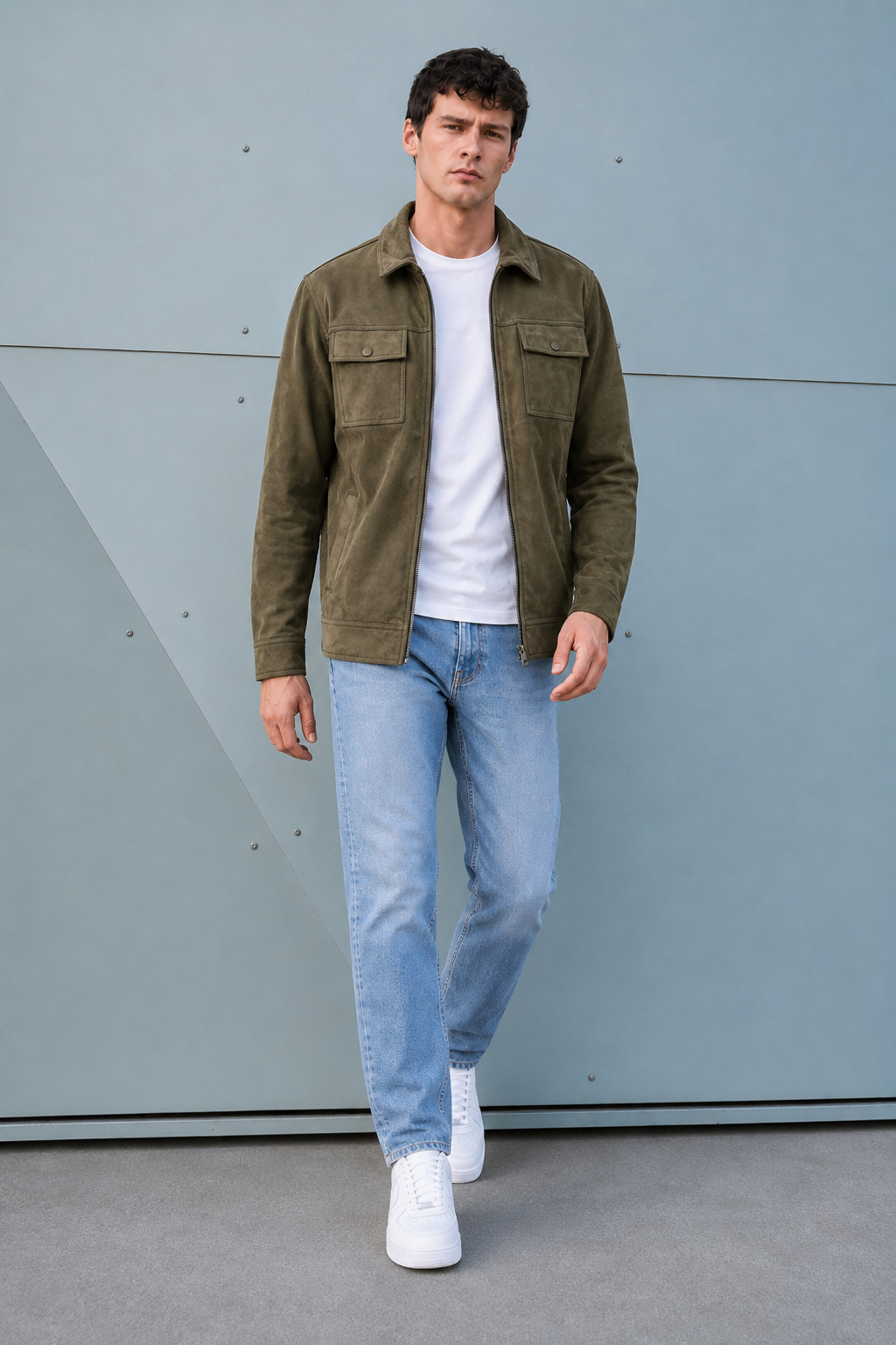 Men’s Olive Knitted Suede Winter Shacket – Full Zip Regular Fit