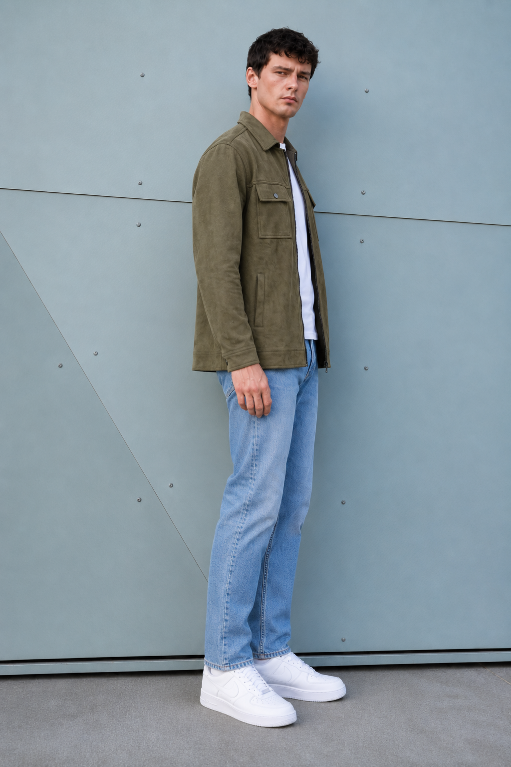 Men’s Olive Knitted Suede Winter Shacket – Full Zip Regular Fit