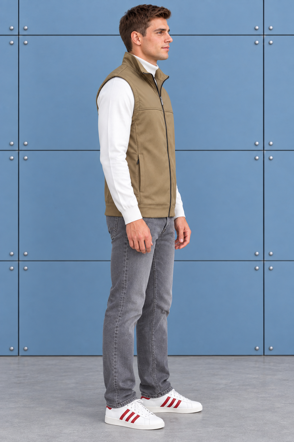Men’s khaki Cut & Sew German Velvet Gilet – Regular Fit Full Zip Sleeveless Jacket