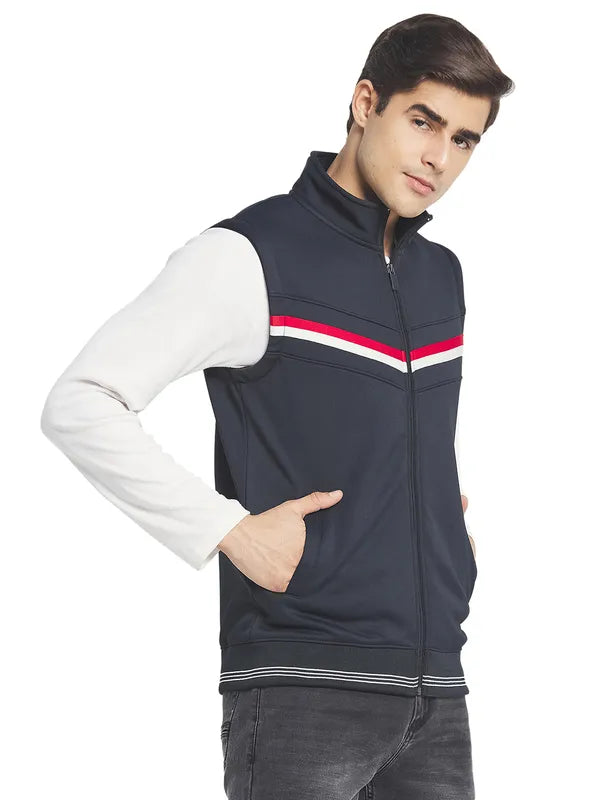 Octave Men Navy Blue Solid Sleeveless Front-Open Sweatshirt