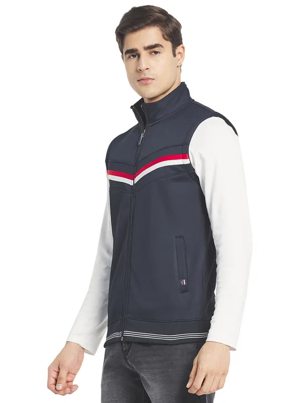 Octave Men Navy Blue Solid Sleeveless Front-Open Sweatshirt