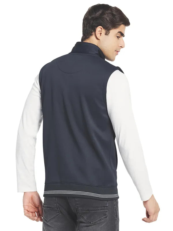 Octave Men Navy Blue Solid Sleeveless Front-Open Sweatshirt