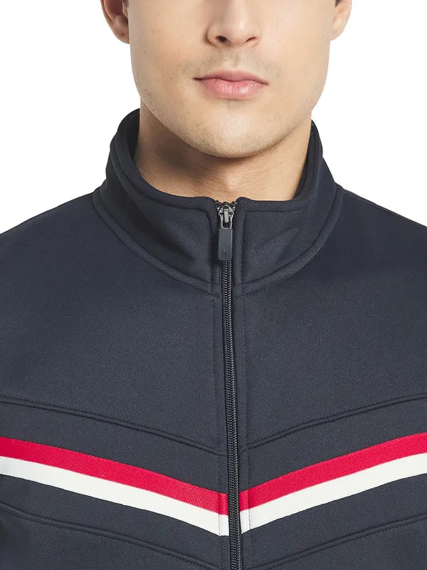 Octave Men Navy Blue Solid Sleeveless Front-Open Sweatshirt