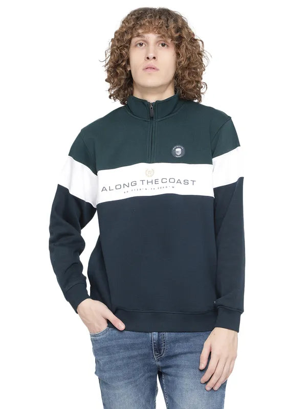 Octave Men Plus Size Green Colourblocked Fleece Sweatshirt