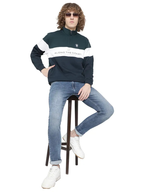 Octave Men Plus Size Green Colourblocked Fleece Sweatshirt
