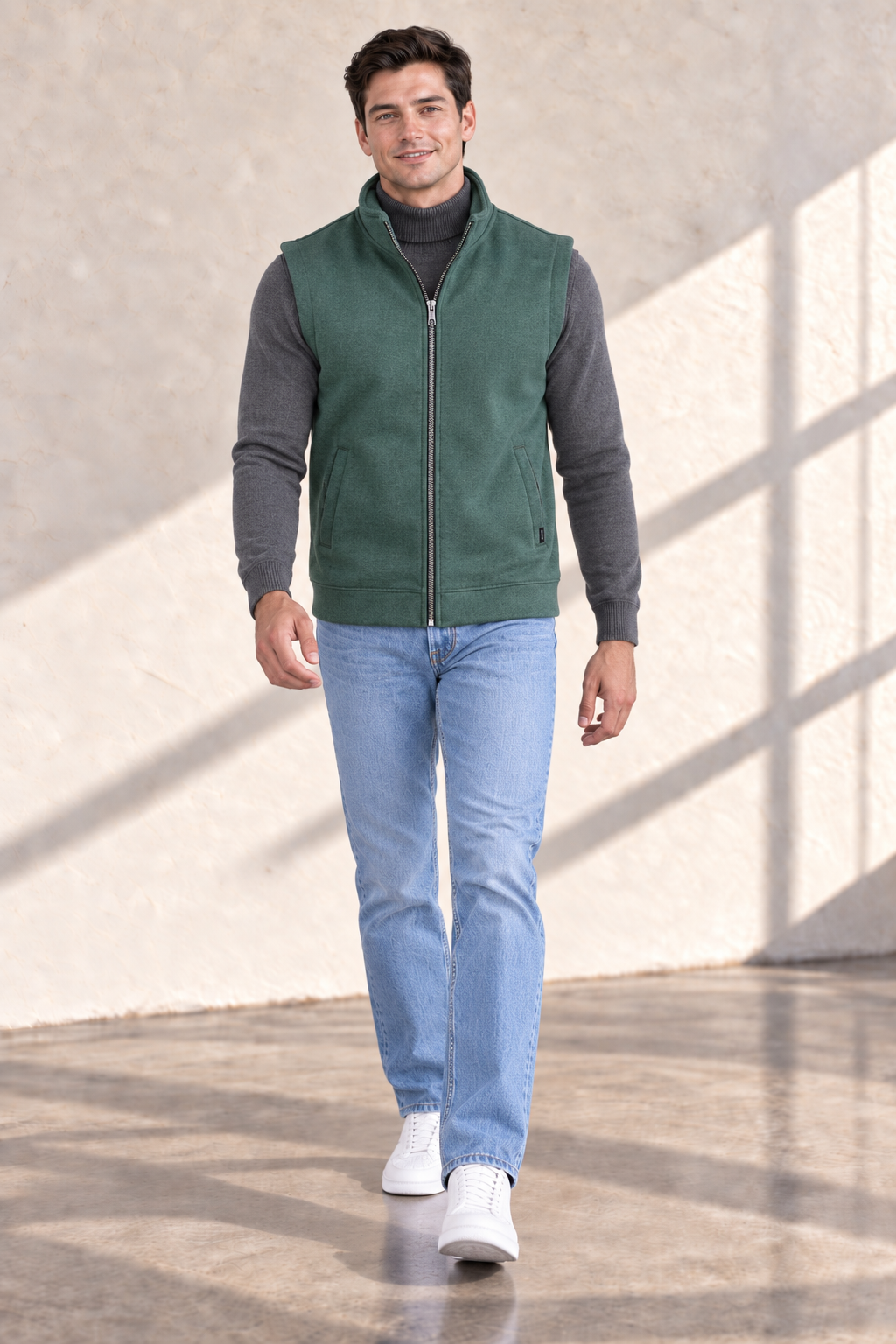 Men’s Bottle Green Melange German Velvet Knitted Gilet – Regular Fit Full Zip Sleeveless Jacket
