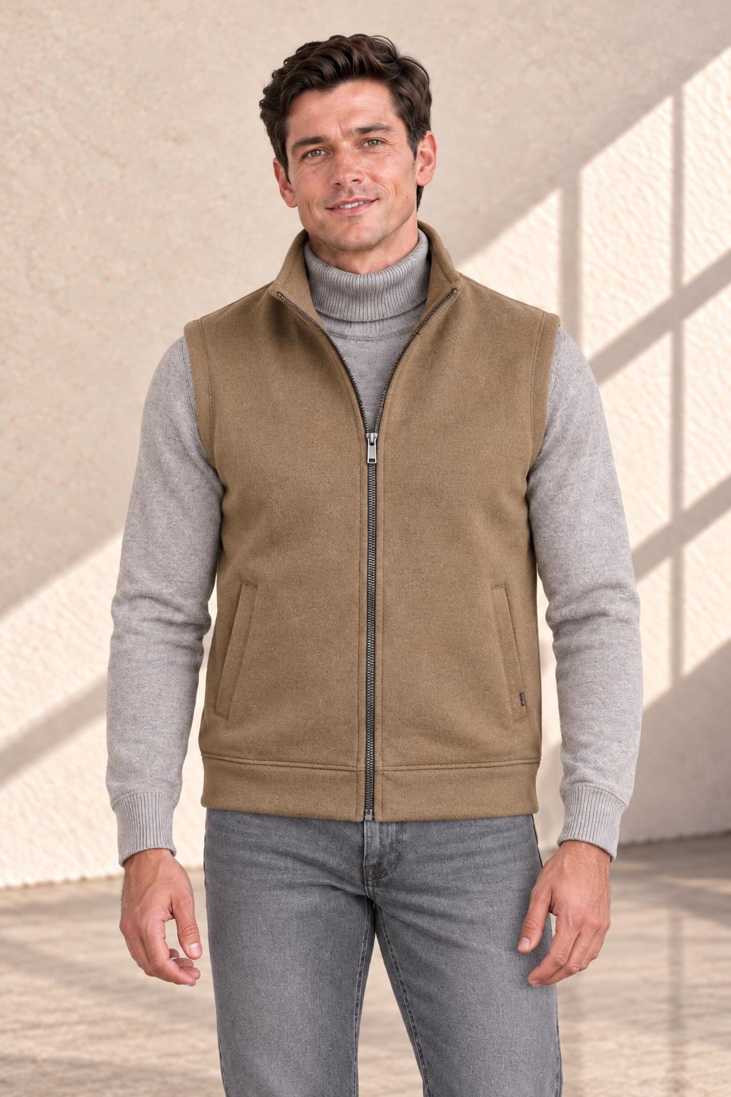 Men’s Brown Melange German Velvet Knitted Gilet – Regular Fit Full Zip Sleeveless Jacket