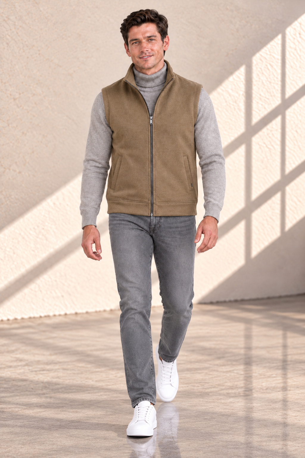 Men’s Brown Melange German Velvet Knitted Gilet – Regular Fit Full Zip Sleeveless Jacket