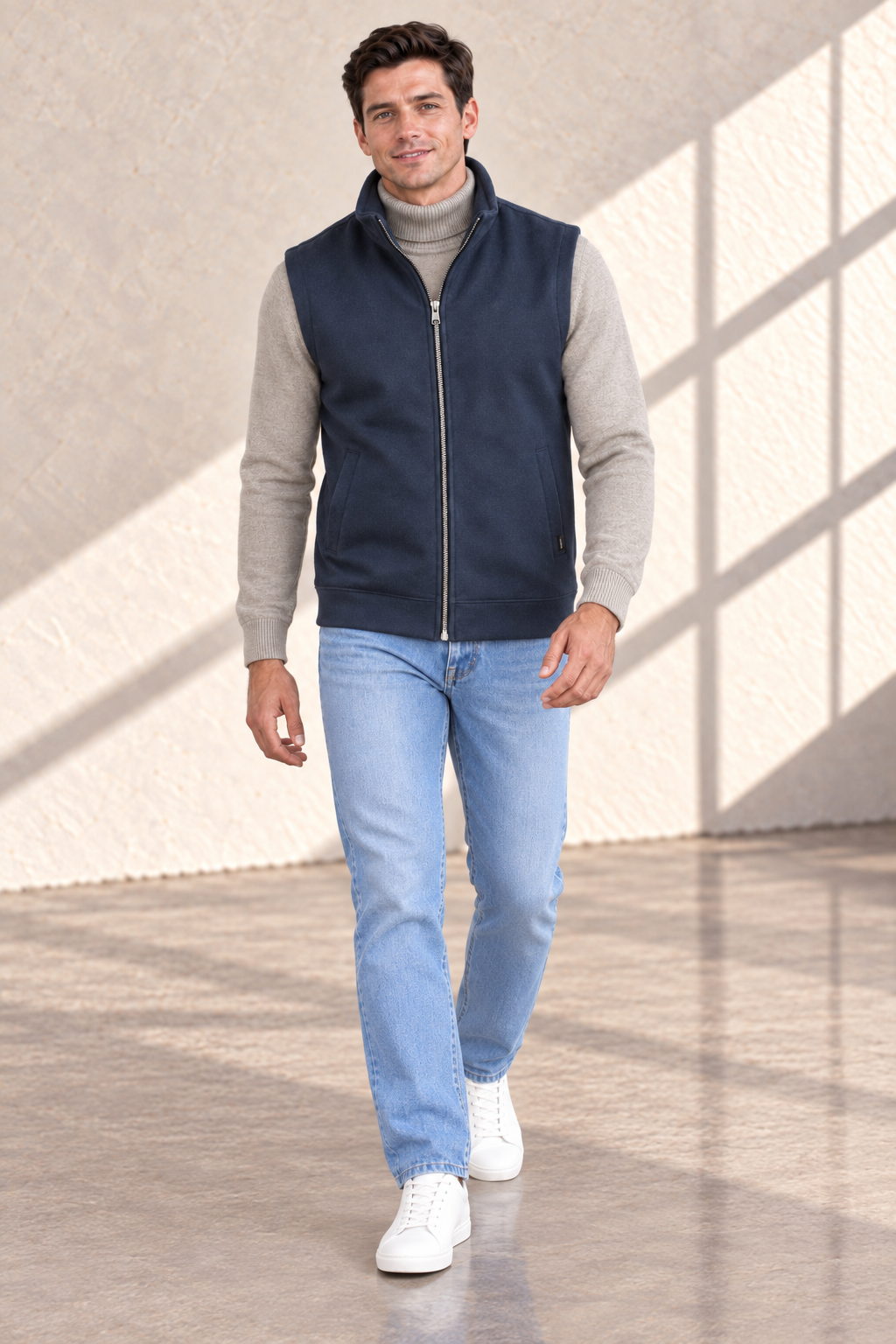 Men’s Navy German Velvet Knitted Gilet – Regular Fit Full Zip Sleeveless Jacket