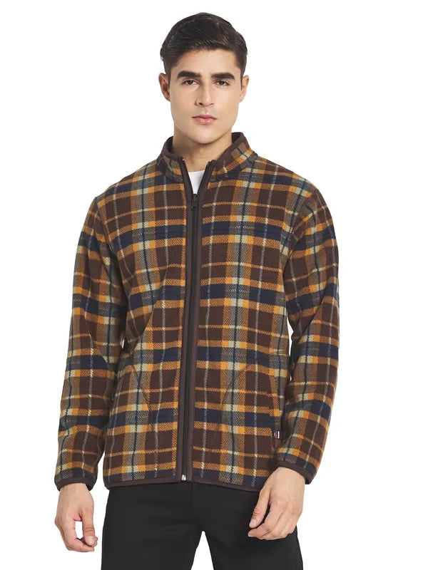 Octave Men Brown Blue Checked Fleece Front-Open Sweatshirt