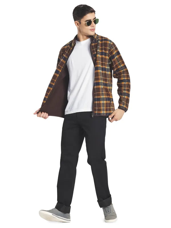 Octave Men Brown Blue Checked Fleece Front-Open Sweatshirt