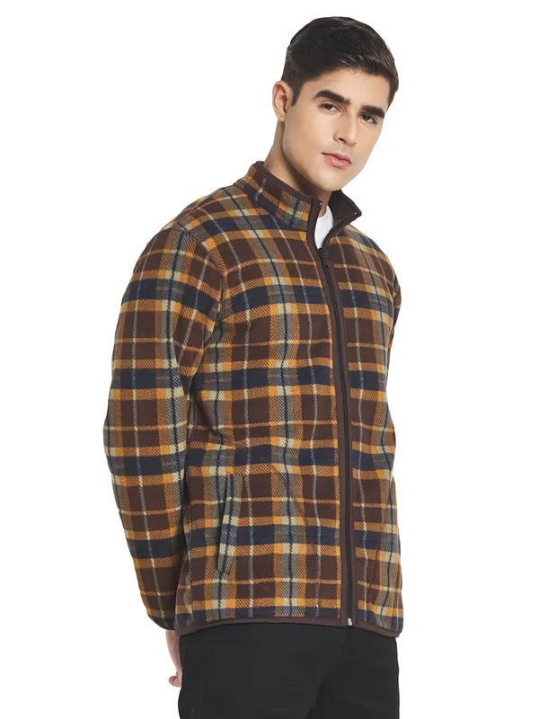 Octave Men Brown Blue Checked Fleece Front-Open Sweatshirt