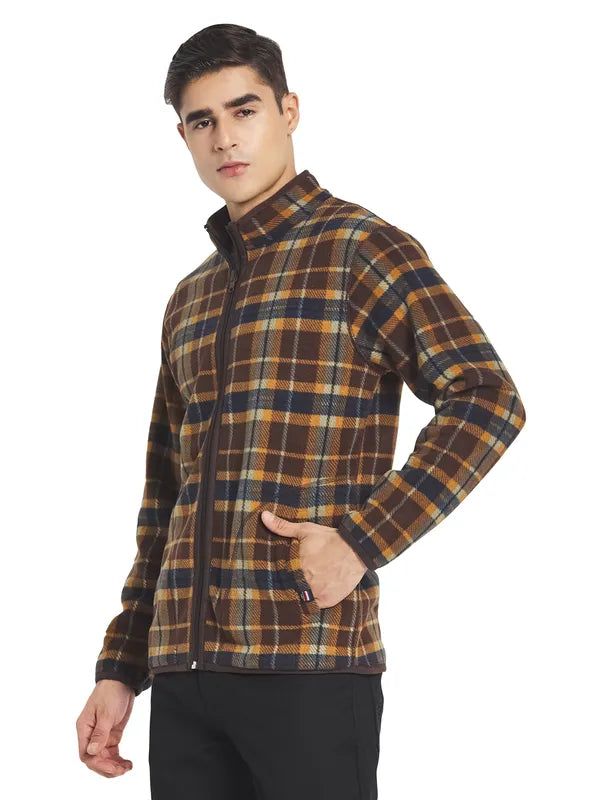Octave Men Brown Blue Checked Fleece Front-Open Sweatshirt