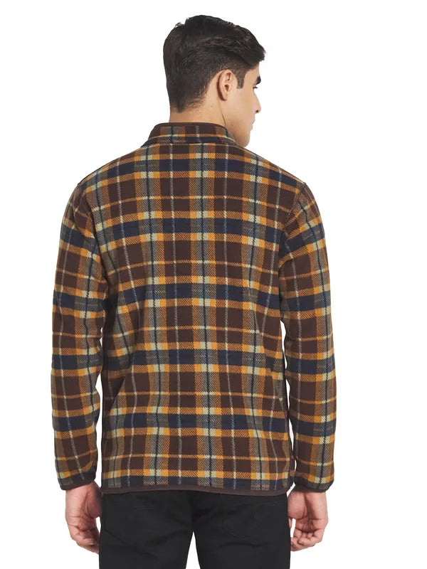 Octave Men Brown Blue Checked Fleece Front-Open Sweatshirt