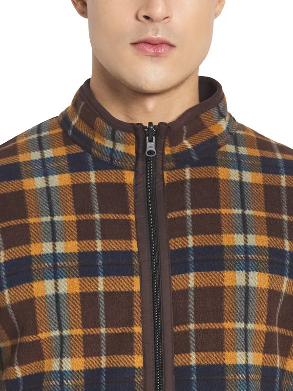 Octave Men Brown Blue Checked Fleece Front-Open Sweatshirt