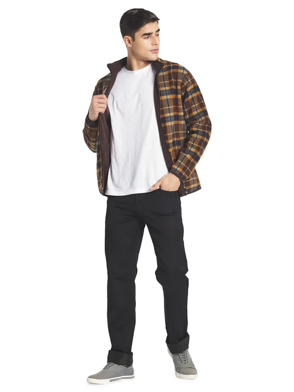 Octave Men Brown Blue Checked Fleece Front-Open Sweatshirt