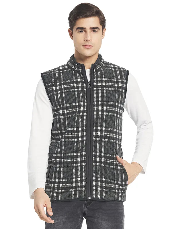 Octave Men Olive Green White Checked Sleeveless Front-Open Sweatshirt