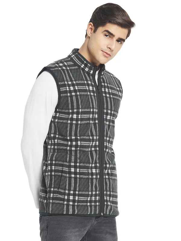 Octave Men Olive Green White Checked Sleeveless Front-Open Sweatshirt