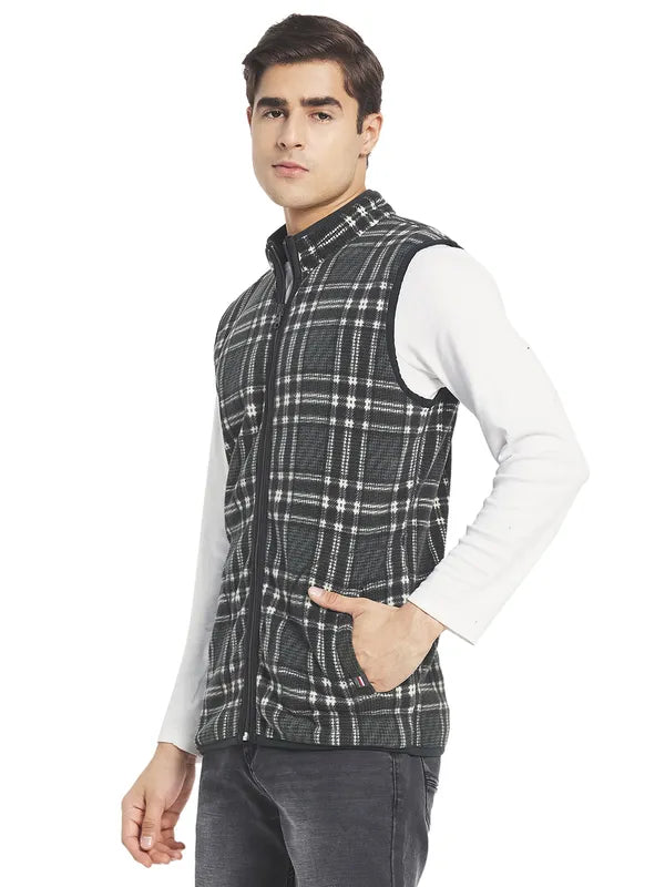 Octave Men Olive Green White Checked Sleeveless Front-Open Sweatshirt