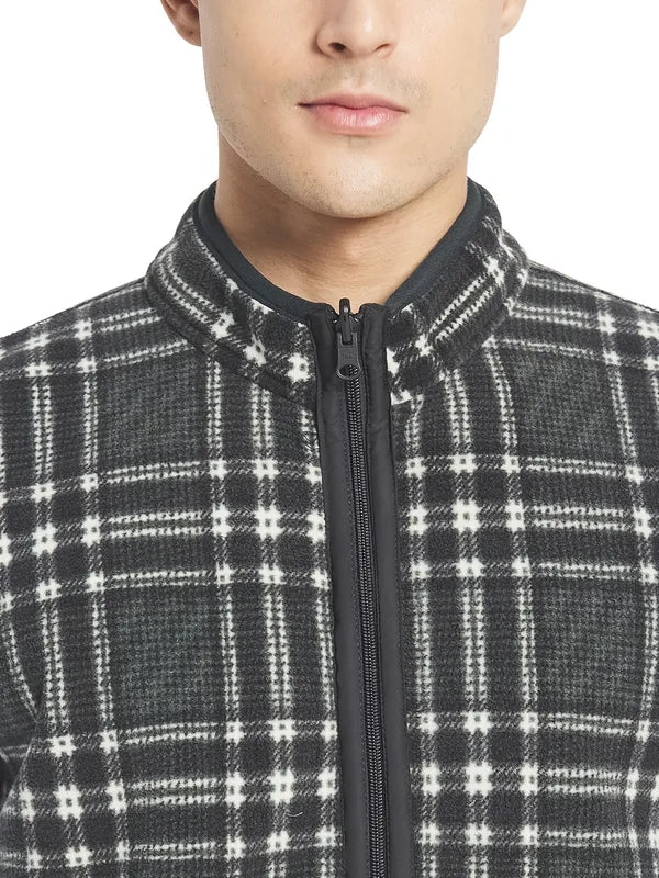 Octave Men Olive Green White Checked Sleeveless Front-Open Sweatshirt
