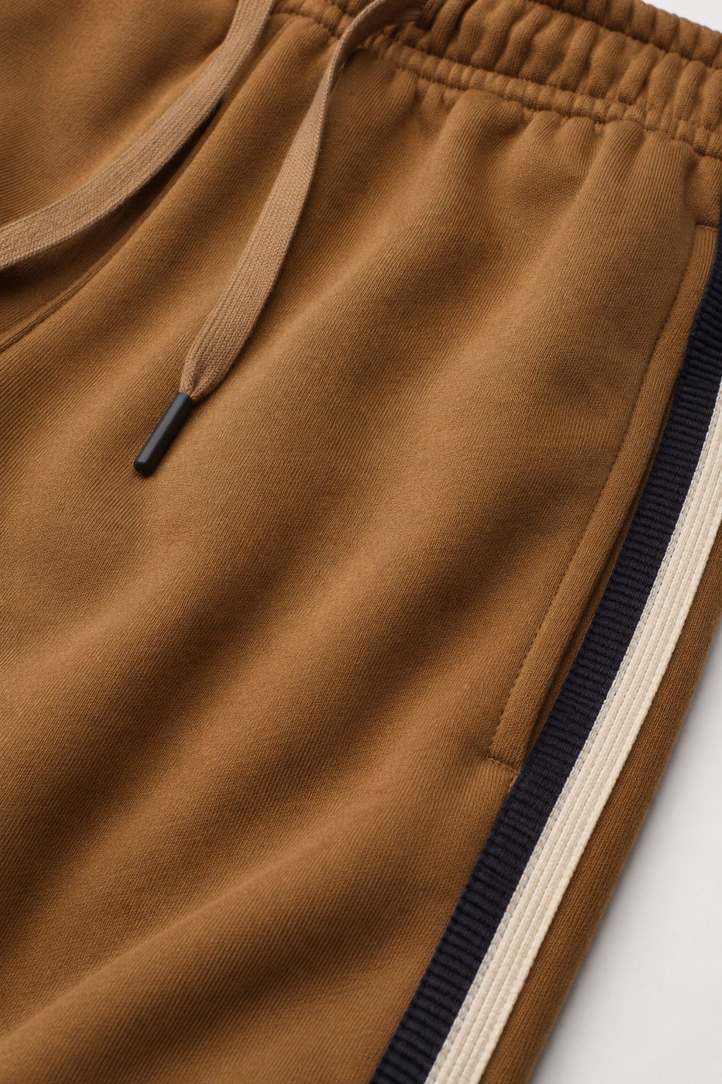 Men’s Tan Brushed Cotton Fleece Winter Lower – Regular Fit Knitted Track Pants with Side Stripes