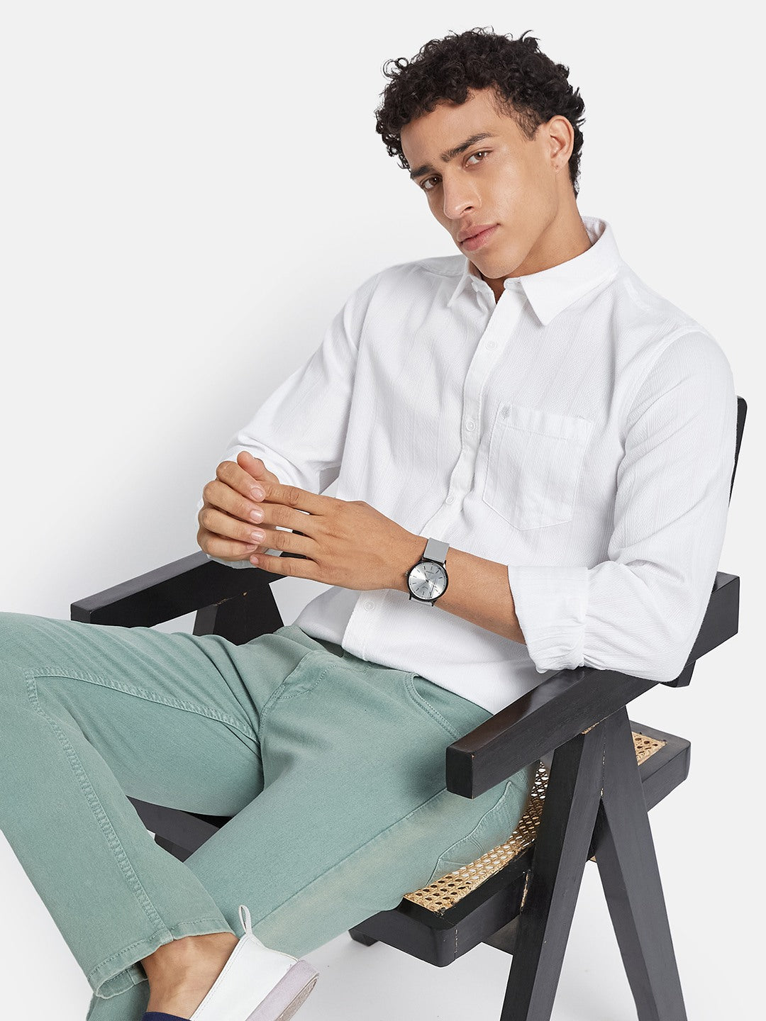 METTLE Men Textured Spread Collar Cotton Casual Shirt