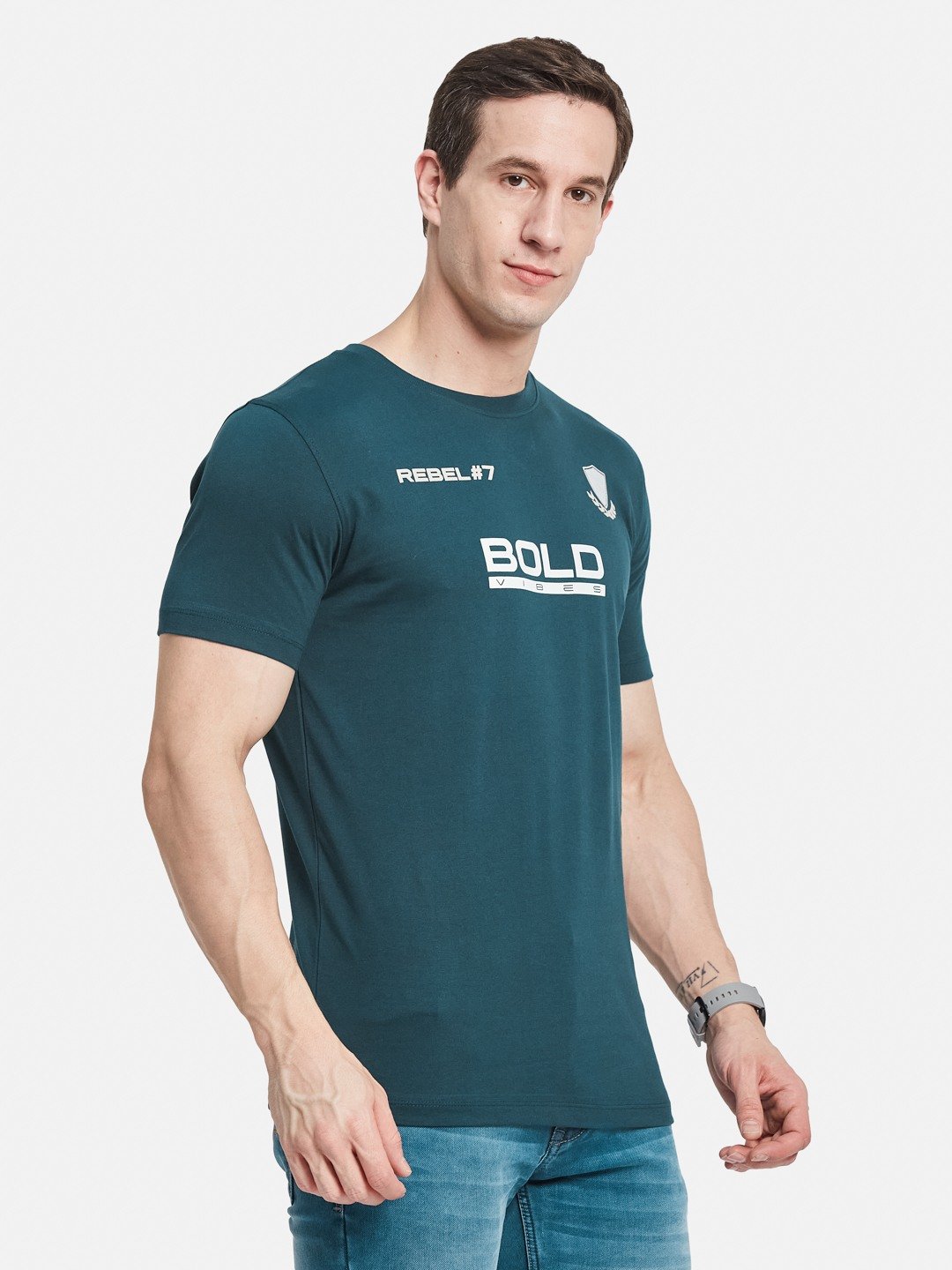 BACK  PRINT ROUND NECK SINGLE JERSEY KNIT T-SHIRT
