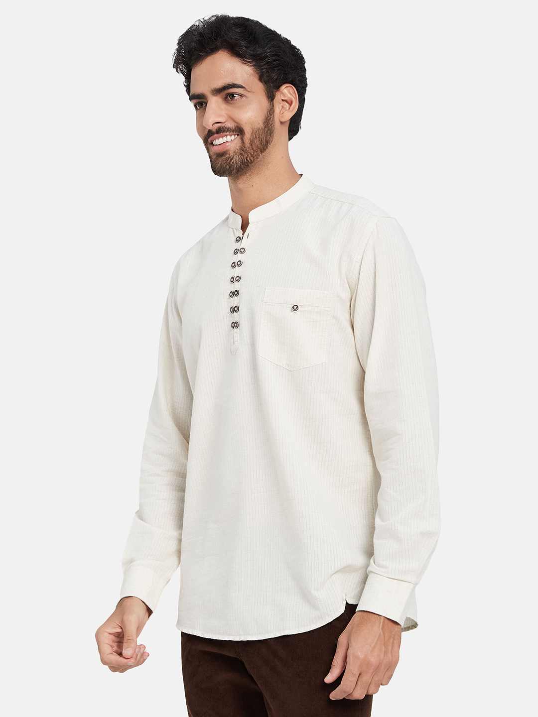 Mettle Vertical Striped Mandarin Collar Cotton Casual Shirt