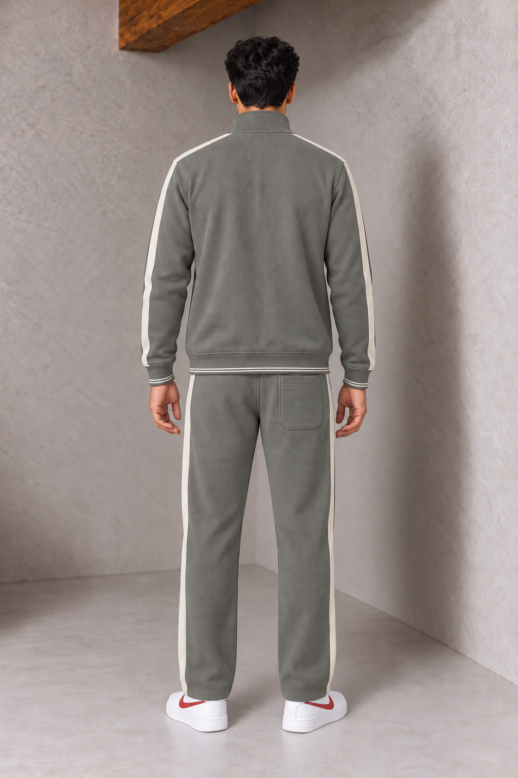 Men’s Sage Waffle Bonded Full-Zip Tracksuit Upper with Contrast Sleeve Stripes
