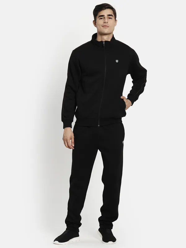 Men Fleece Black Solid Tracksuits
