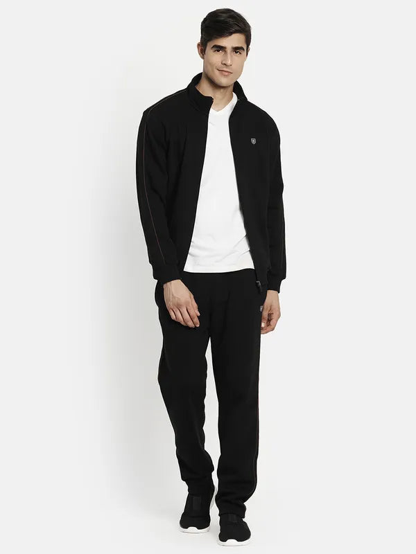 Men Fleece Black Solid Tracksuits