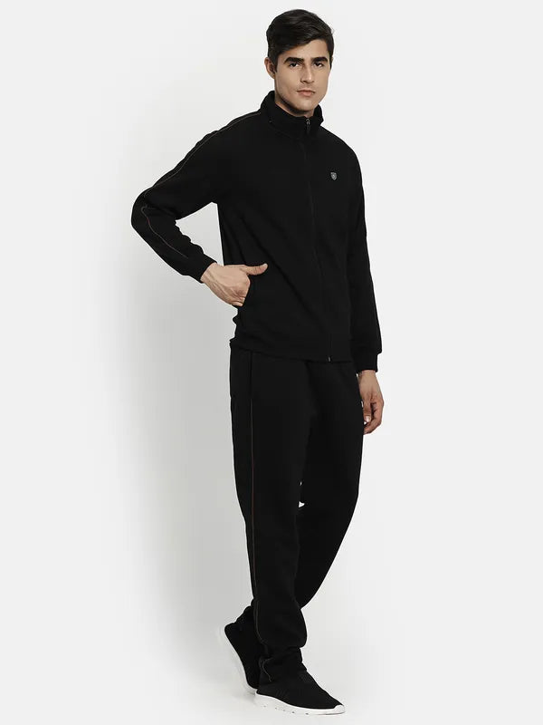 Men Fleece Black Solid Tracksuits