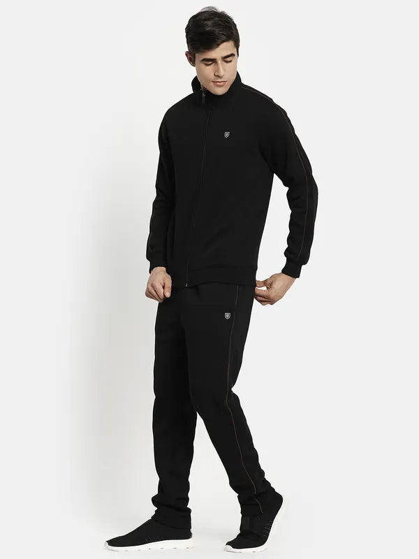 Men Fleece Black Solid Tracksuits