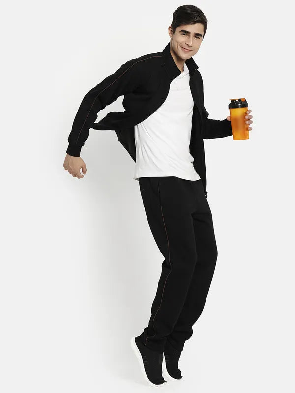 Men Fleece Black Solid Tracksuits