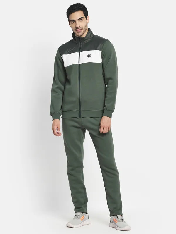 Men Olive Green Solid Cotton Track Suit