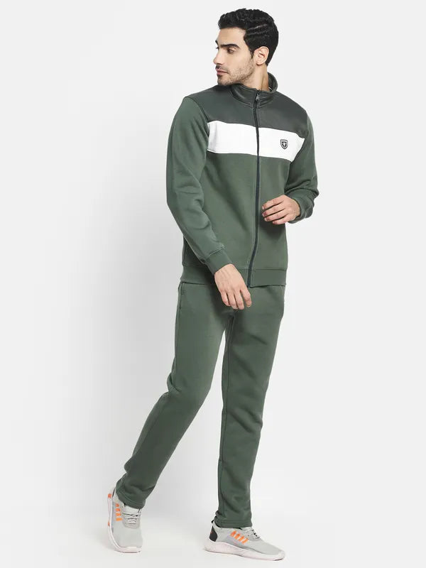 Men Olive Green Solid Cotton Track Suit