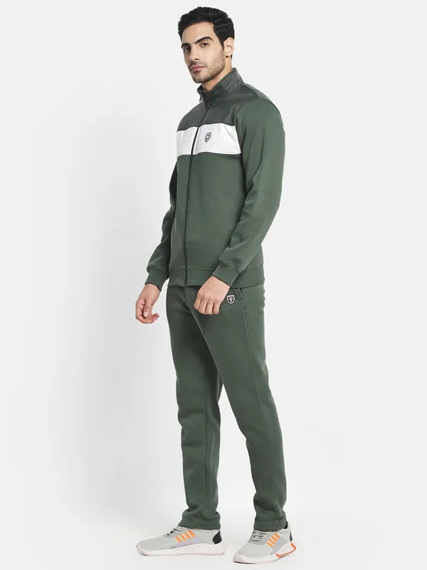 Men Olive Green Solid Cotton Track Suit
