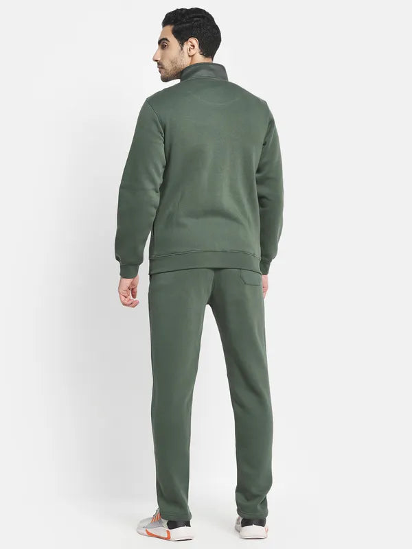 Men Olive Green Solid Cotton Track Suit