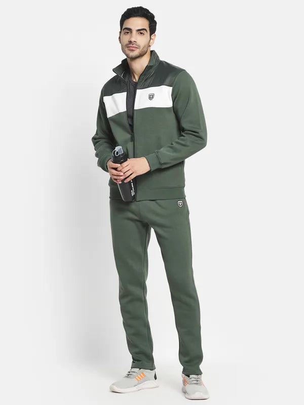 Men Olive Green Solid Cotton Track Suit