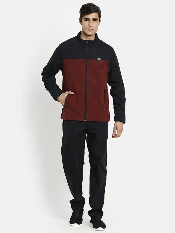 Men Maroon Navy Blue Plus Size Colorblocked Fleece Tracksuits