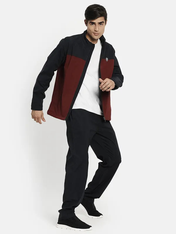 Men Maroon Navy Blue Plus Size Colorblocked Fleece Tracksuits