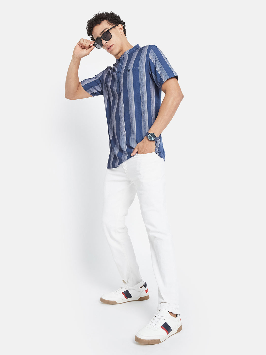 METTLE Men Striped Mandarin Collar Cotton T-shirt