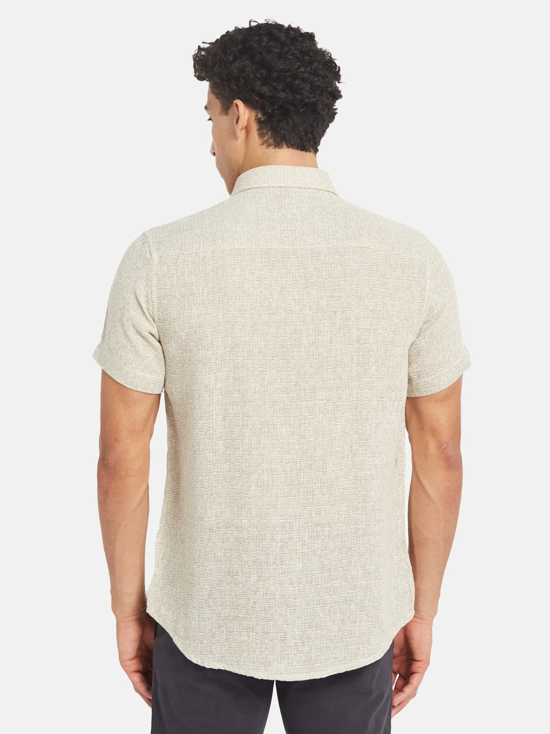 METTLE Textured Short Sleeves Spread Collar Cotton Opaque Regular Fit Casual Shirt