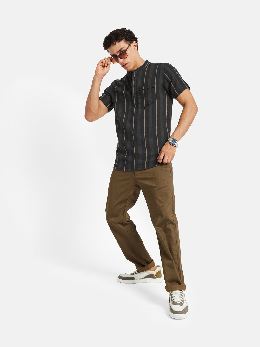 METTLE Men Striped Mandarin Collar Cotton T-shirt