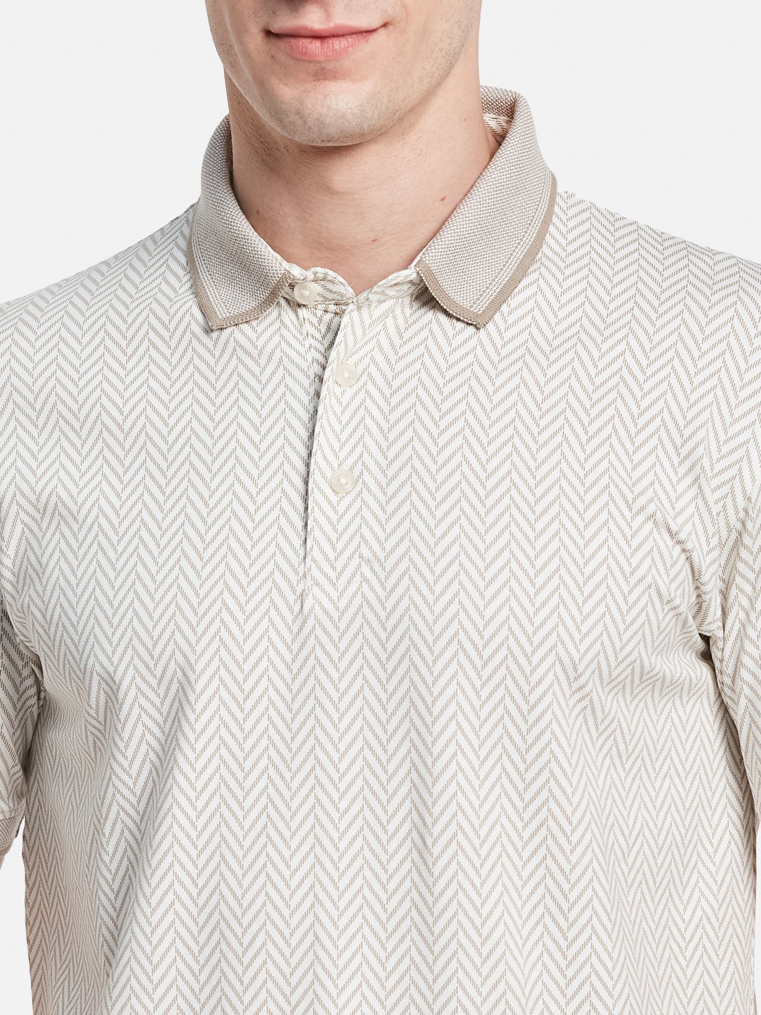 AOP MOTIF PRINT POLO NECK SINGLE JERSEY KNIT LYCRA T-SHIRT