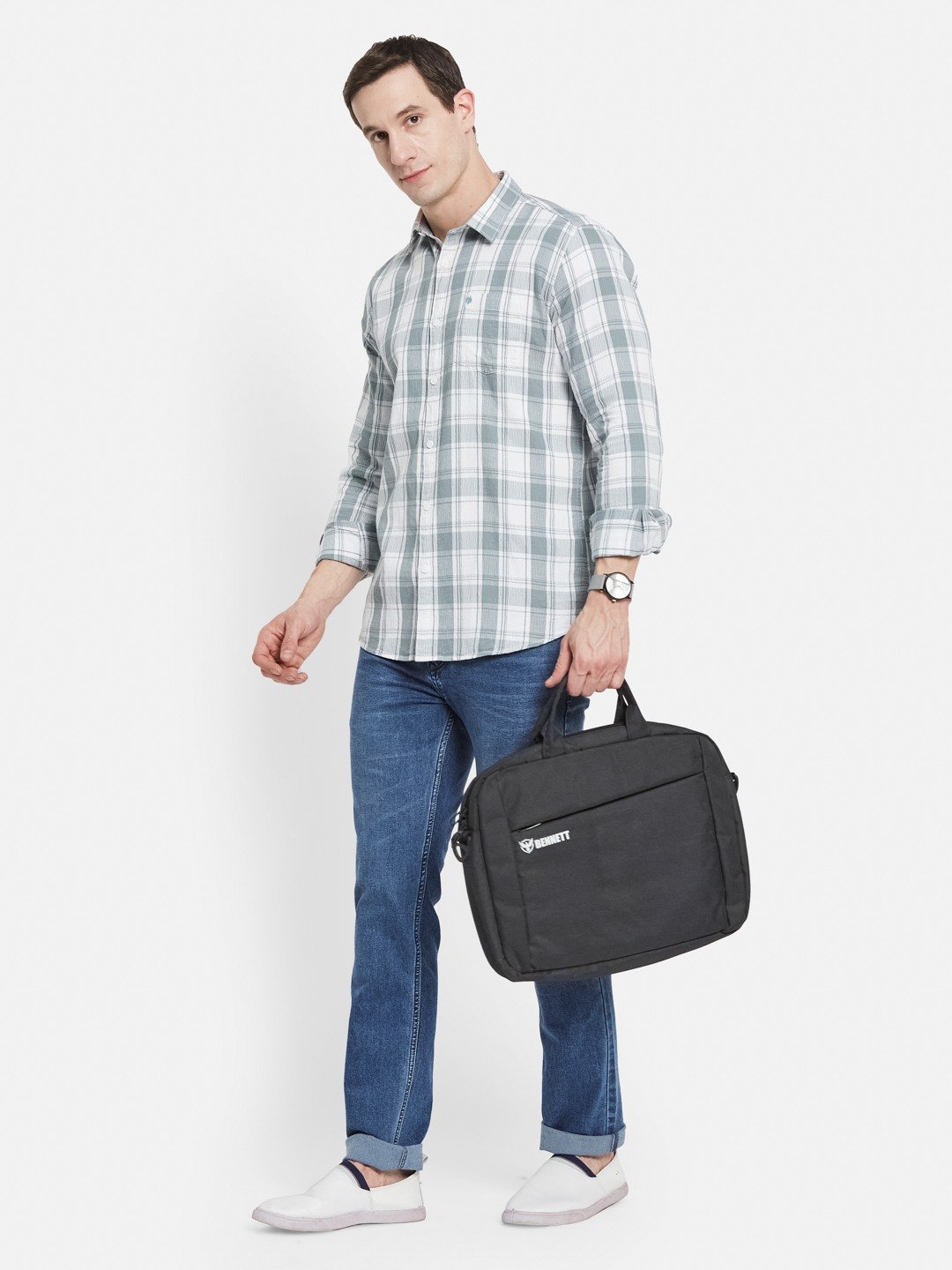 METTLE Men Spread Collar Tartan Checked Cotton Casual Shirt