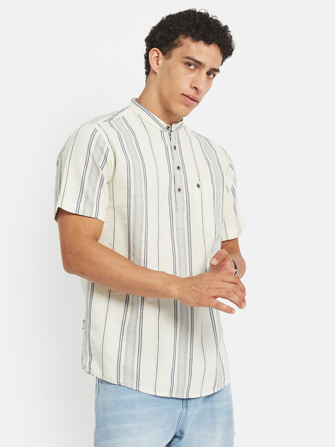 METTLE SS25 Striped Cotton Mandarin Collar Casual Shirt