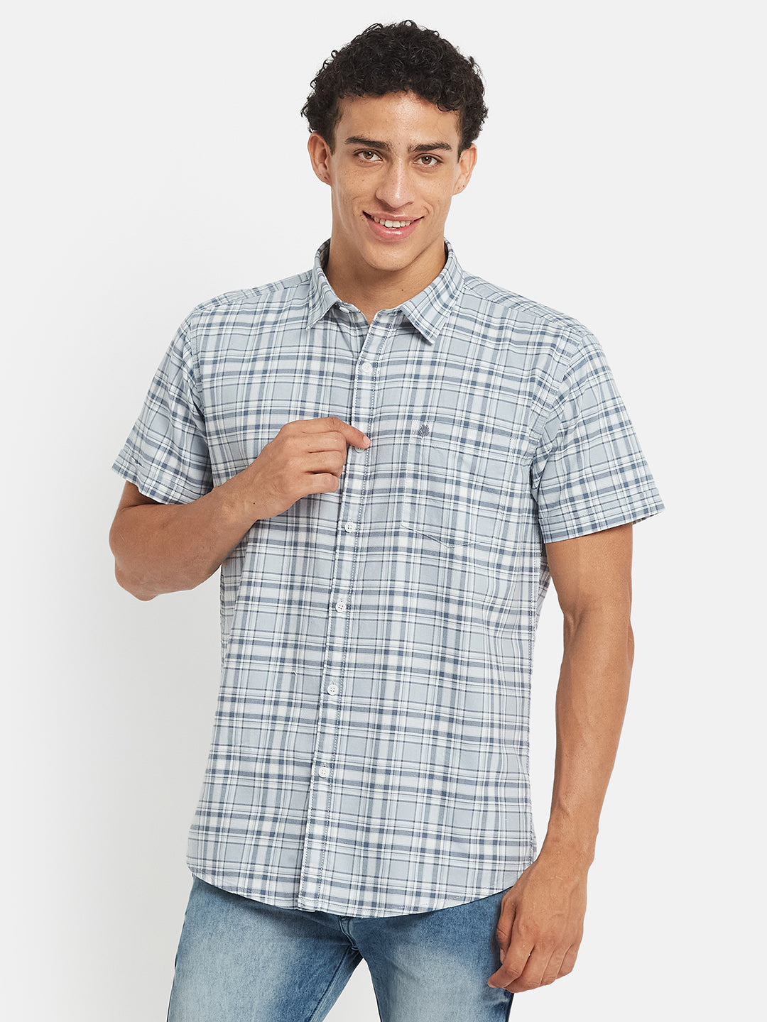 METTLE SS25 Checked Cotton Spread Collar Casual Shirt