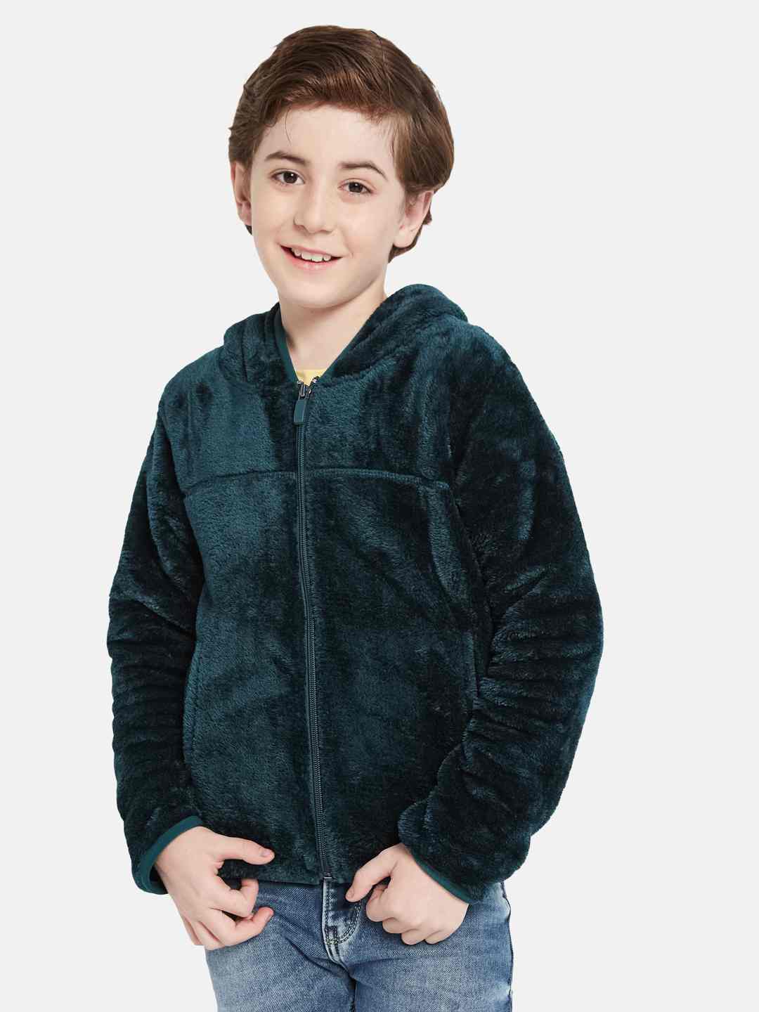 Octave Boys Self Design Front Open Fleece Hooded Sweatshirt