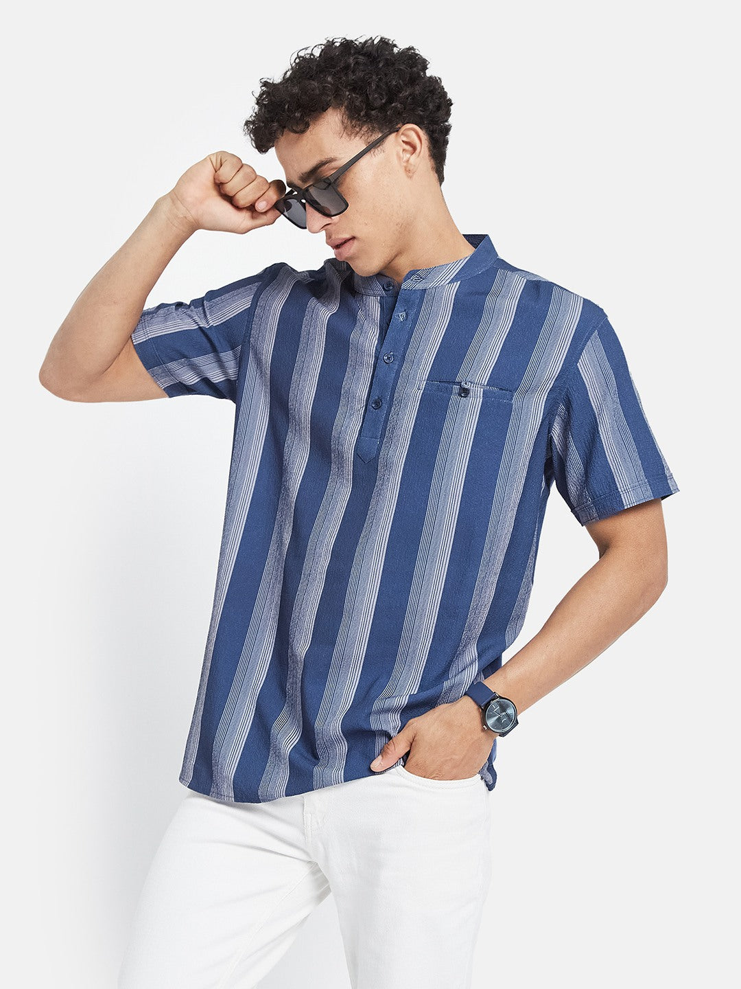 METTLE Men Striped Mandarin Collar Cotton T-shirt